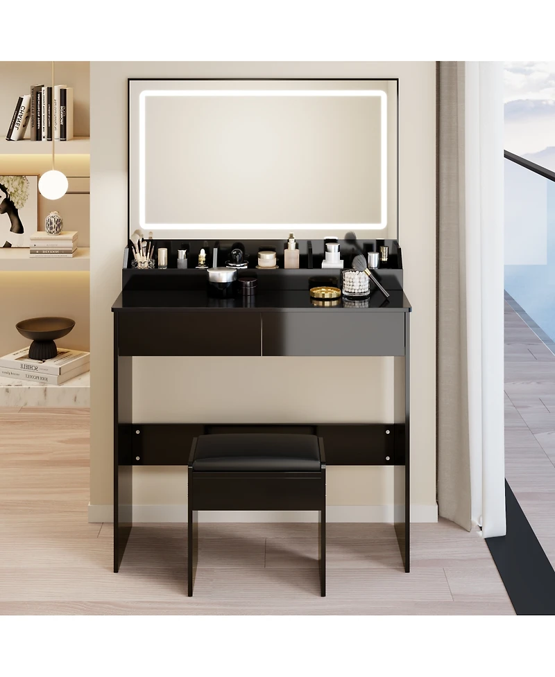Streamdale Furniture 31'' x 20'' Led Vanity Table with Mirror Stool and Adjustable Lighting