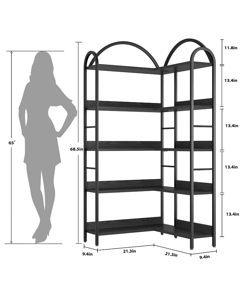 homfan 5-Tier L-Shaped Corner Bookshelf, Industrial Bookcase with Metal Frame, Open Wood and Storage Shelves, Office Display Rack