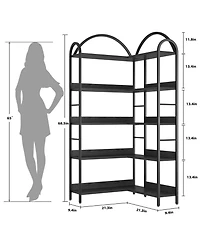 homfan 5-Tier L-Shaped Corner Bookshelf, Industrial Bookcase with Metal Frame, Open Wood and Storage Shelves, Office Display Rack
