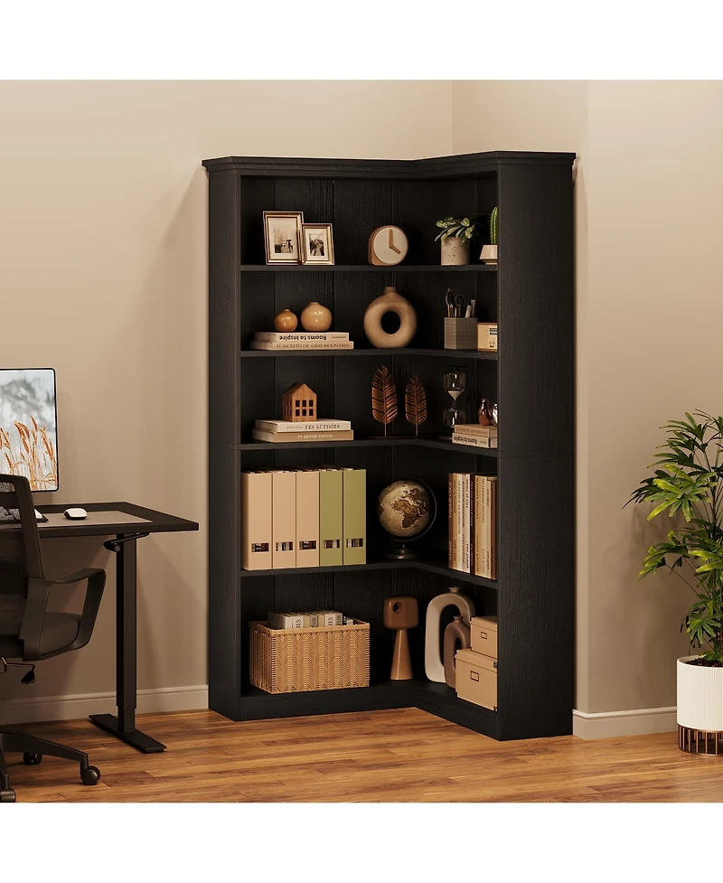 homfan Tall L-Shaped Corner Bookshelf, Farmhouse Design 5-Tier Large Wooden Bookcase, Modern Storage Display Shelf for Living Room, Bedroom