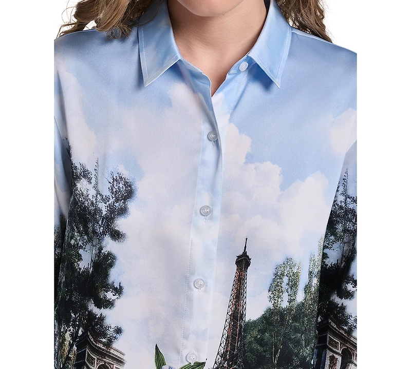 Karl Lagerfeld Paris Petite Long-Sleeve Printed City Scene Blouse