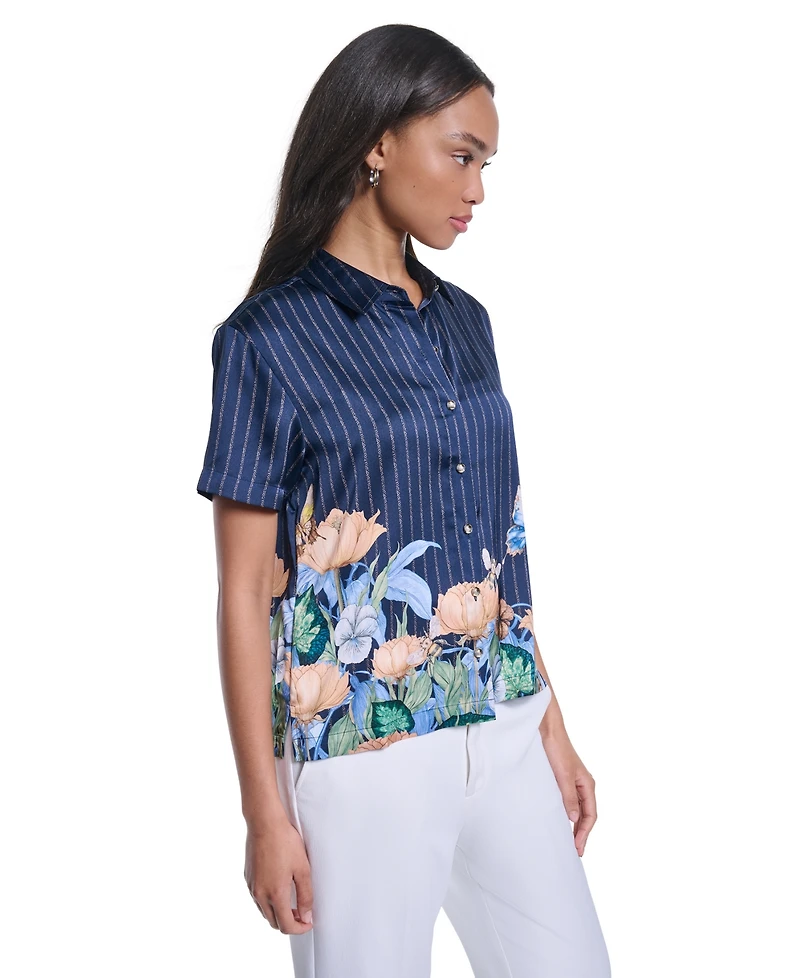 Karl Lagerfeld Paris Petite Short-Sleeve Printed Camp Shirt