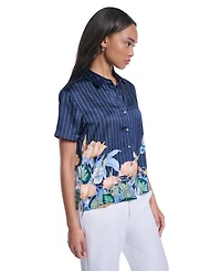 Karl Lagerfeld Paris Petite Short-Sleeve Printed Camp Shirt