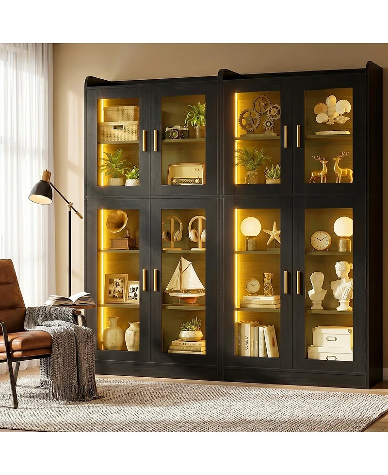 Aheaplus 5-Tier Tall Display Bookcase with Shelves and Glass Doors Led Lights