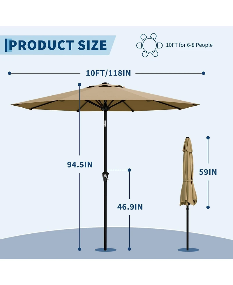 homfan 10Feet Round Market Patio Umbrella With 8 Ribs, Crank Lift And Push-Button Tilt, Uv Waterproof Canopy For Pool, Deck, Garden Yard