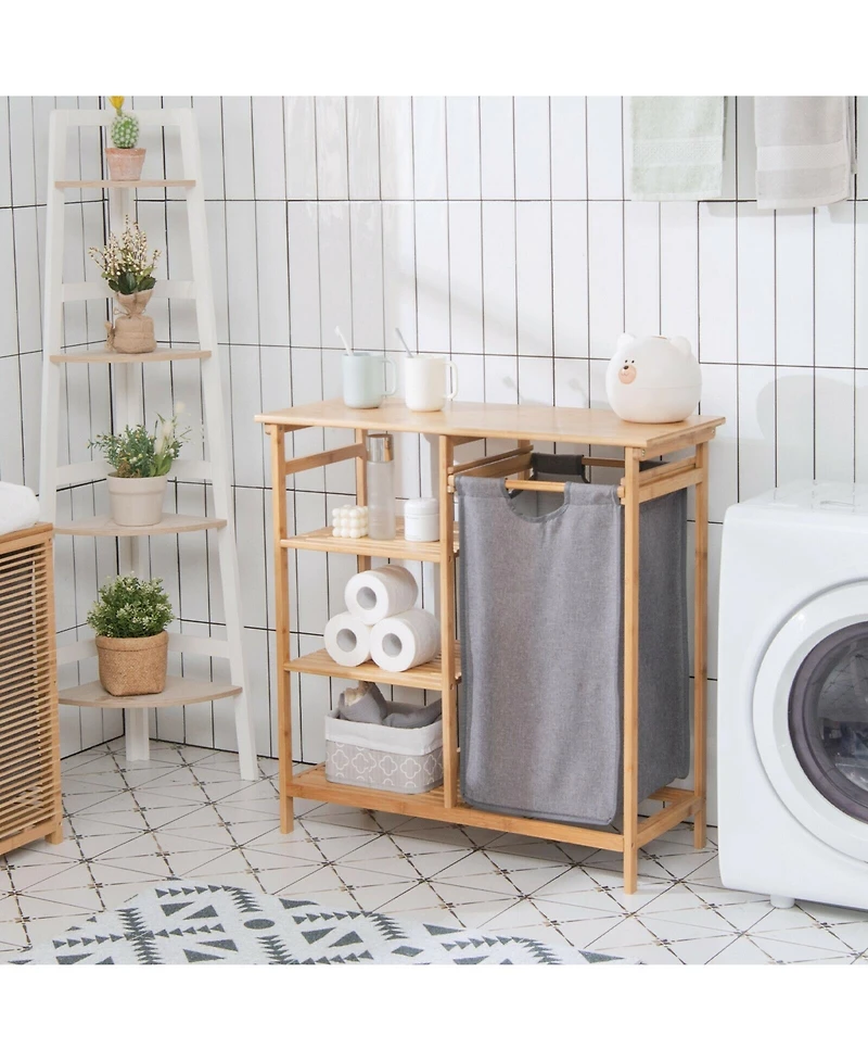 Volenca Bamboo Laundry Hamper Stand with Removable Sliding Bag and 3-Tier Open Shelves