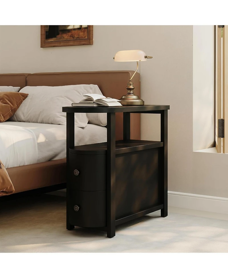 Tribesigns Solid Wood End Table with 2 Drawers and Open Shelf Set of 2, No Assembly Required Side Table, Vintage Brown Slim Bedside Nightstand