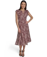 Tommy Hilfiger Women's Flutter-Sleeve Tie Neck Chiffon Midi Dress