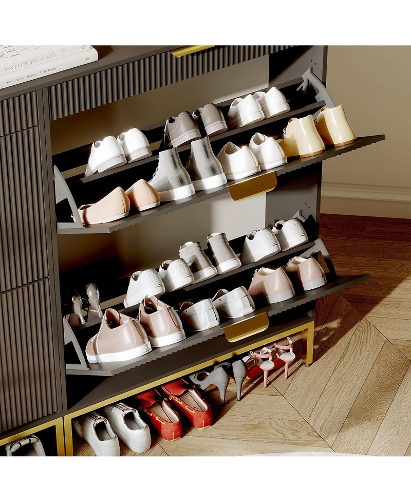 homfan Narrow Shoe Cabinet Storage for Entryway, Modern Fluted Rack Organizer with 2 Flip Drawers and An Open Shelf Hallway, Living Room