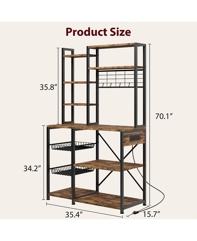 Gaomon 70.1 Inch 7-Tier Industrial Baker's Rack with Power Outlet, Microwave Coffee Bar Station Wire Baskets for Kitchen and Living Room