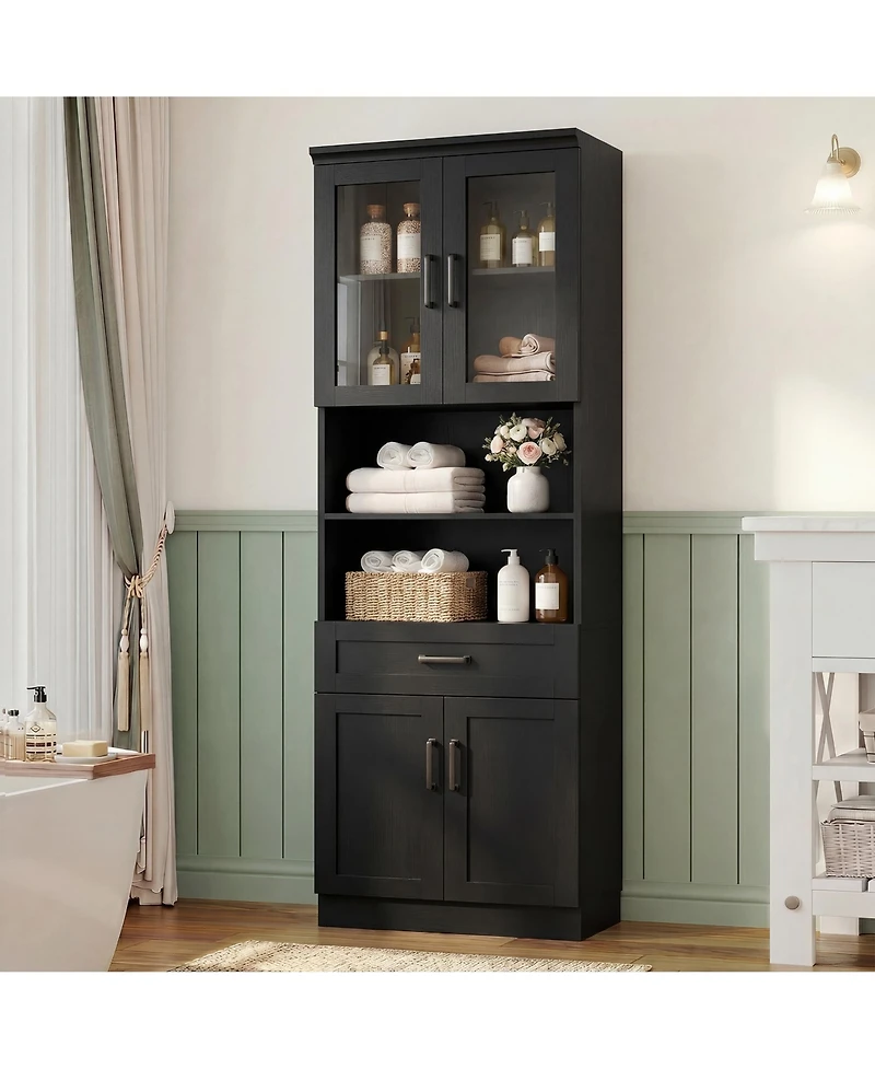 Aheaplus 80'' Tall Kitchen Pantry Cabinet with Glass Door and Wood Drawer