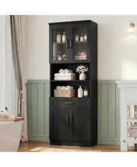 Aheaplus 80'' Tall Kitchen Pantry Cabinet with Glass Door and Wood Drawer