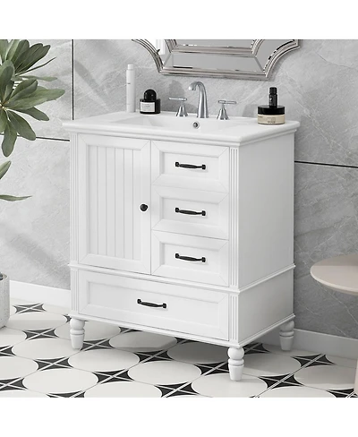 Thirtypeachy 30"Retro Freestanding Vanity With Ceramic Sink, Acacia Wood and Mdf Frame, 1 Door 3 Drawers Soft-Close