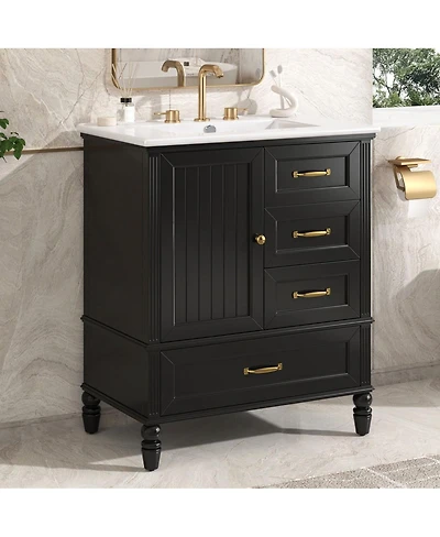 Thirtypeachy 30"Retro Freestanding Vanity With Ceramic Sink, Acacia Wood and Mdf Frame, 1 Door 3 Drawers Soft-Close