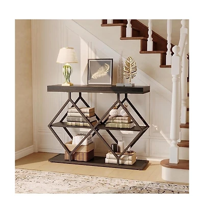 homfan Farmhouse 3-Tier Console Table with Open Shelves, Geometric Metal Legs, Narrow Entryway Design for Hallway, Foyer, or Living Room.
