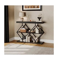 homfan Farmhouse 3-Tier Console Table with Open Shelves, Geometric Metal Legs, Narrow Entryway Design for Hallway, Foyer, or Living Room.