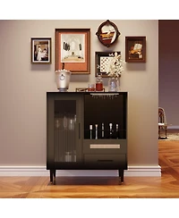 homfan Modern Bar Cabinet - Tempered Glass Door and Drawers, Storage Sideboard for Wine and Coffee in Kitchen or Living Room