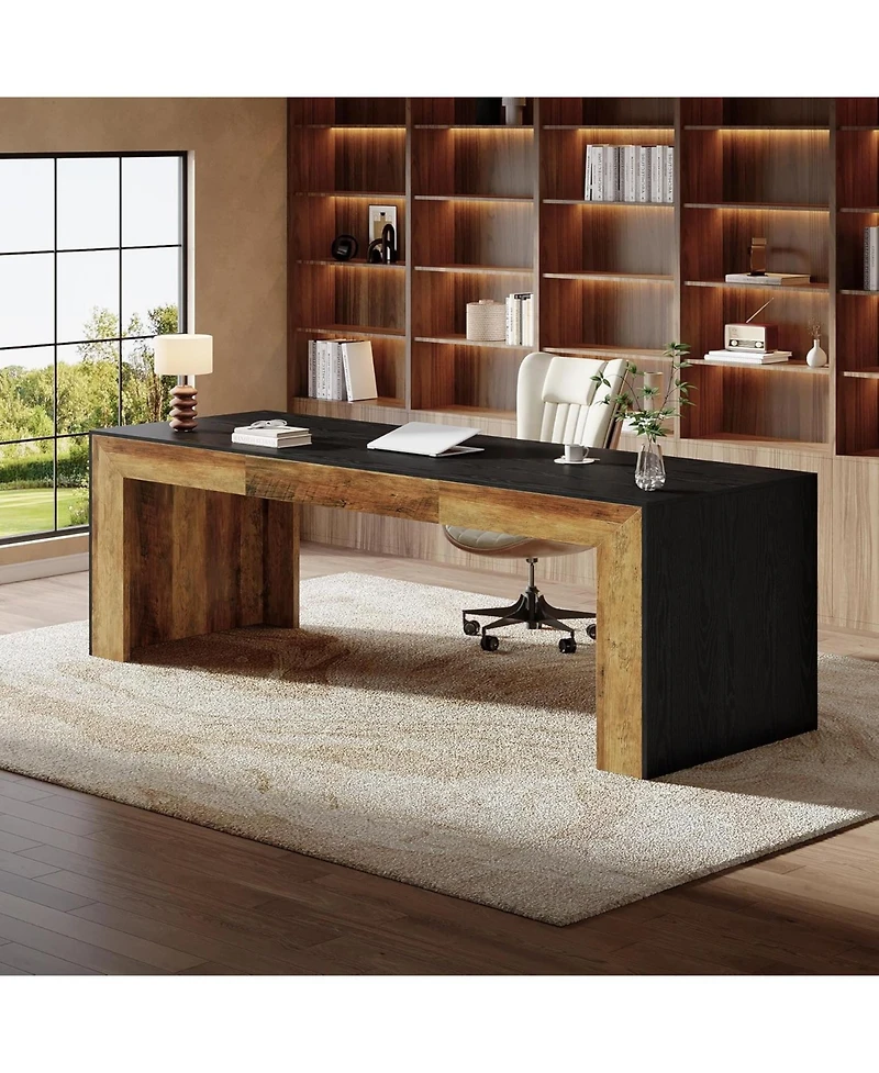 Tribesigns Long Computer Desk for 2 People, Farmhouse Executive with Wooden Desktop and Legs, Heavy Duty
