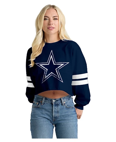 Spirit Jersey Women's Navy Dallas Cowboys Oversized Cropped Stripe Long Sleeve T-Shirt
