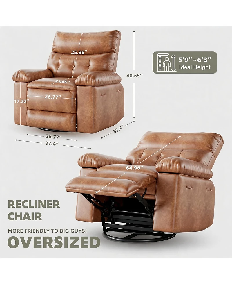 Oversized Pu Leather Rocking Recliner 360 degrees Swivel Electric with Heat and Massage Arms Back Single Sofa for Adults