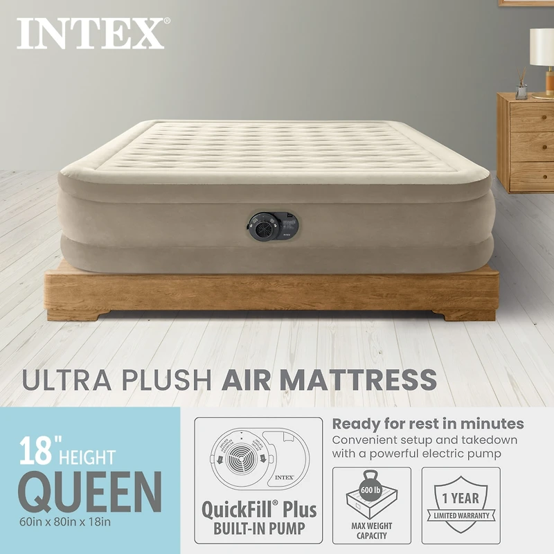 Intex 64427ED Dura-Beam Deluxe Ultra Plush Air Mattress w/Built-in Pump, Queen
