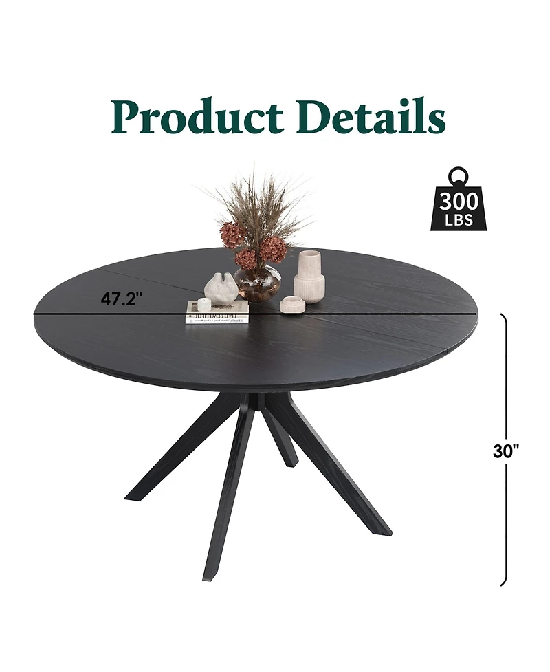 Clihome 47.2" Solid Wood Round Dining Kitchen Table with Intersecting Pedestal Base