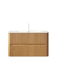 Thirtypeachy 36" Modern Scandinavian Floating Bathroom Vanity, 2-Drawer Plywood Cabinet With Ceramic Sink, Pre-Assembled Retro Woodgrain