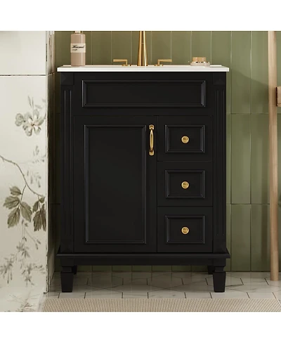 Thirtypeachy 24" French Simple Ceramic Sink Vanity, 2 Deep Drawers Adjustable Shelf, 4" Faucet Fit Solid Wood Mdf Cabinet