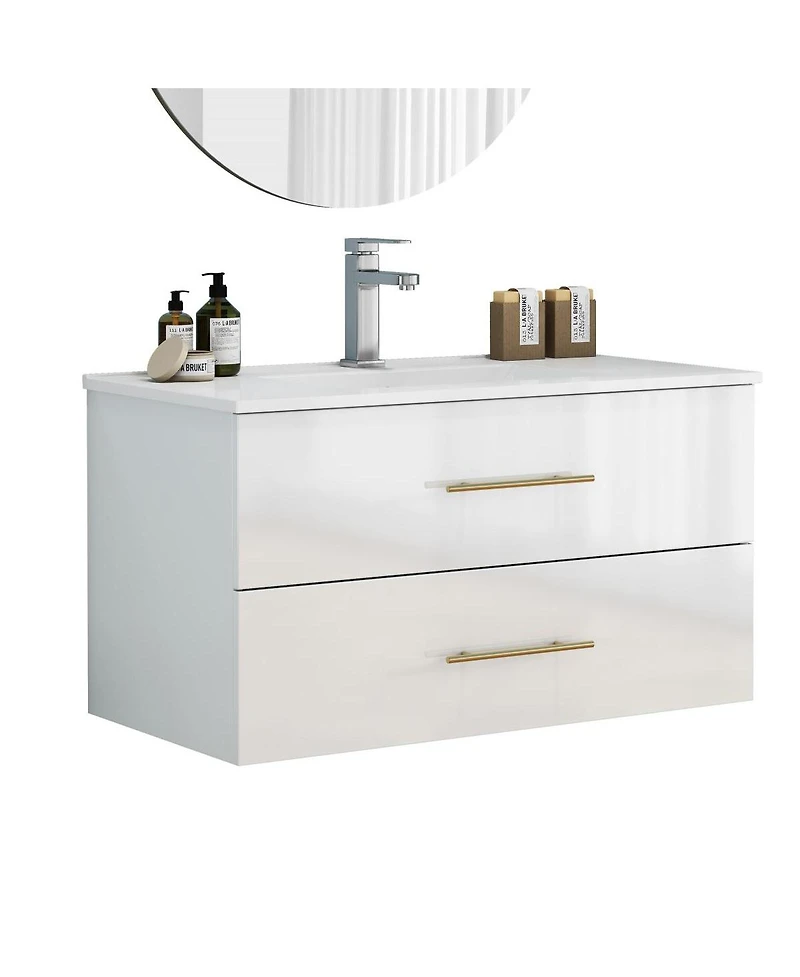 Sillysis Wall Mounted Bathroom Vanity with Ceramic Sink, Double Drawers, Modern Glossy Cabinet for Small Spaces