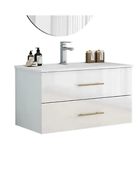 Sillysis Wall Mounted Bathroom Vanity with Ceramic Sink, Double Drawers, Modern Glossy Cabinet for Small Spaces