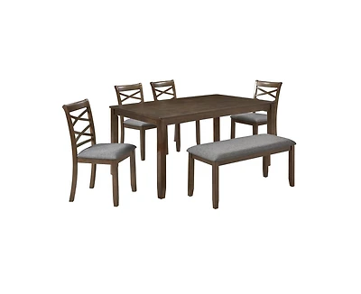sumyeg Walnut Modern 6-Piece Dining Set with Rectangular Table 4 Chairs and Bench