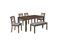 sumyeg Walnut Modern 6-Piece Dining Set with Rectangular Table 4 Chairs and Bench