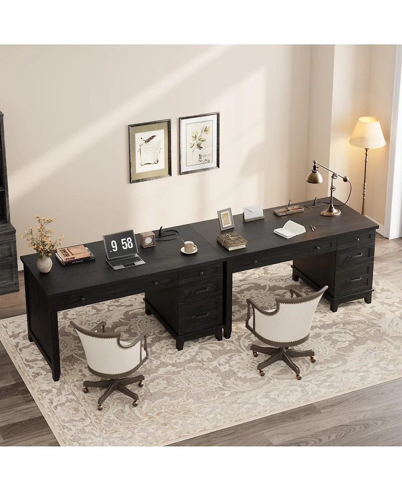 Gaomon Farmhouse Computer Desk with Charging Station, Rustic Black Home Office Executive Desk, Wooden Workstation with File Cabinet Storage Drawers