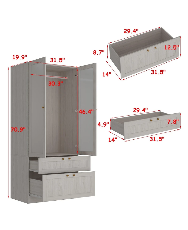 Homsee 2-Door 2-Drawer Wardrobe - Frosted Glass Closet | Modern Wooden Organizer | Bedroom Storage