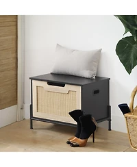 homfan Rattan Storage Bench with Cushion, Rattan Shoe Organizer with Safety Hinges for Entryway or Living Room