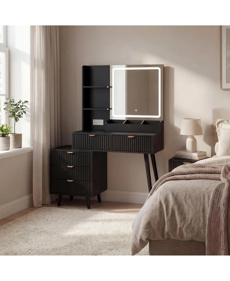 gaomon Modern Wave Texture Vanity Desk with Led Light Mirror and Power Outlet, 5 Drawer Storage Makeup Dressing Table for Bedroom