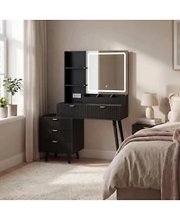 gaomon Modern Wave Texture Vanity Desk with Led Light Mirror and Power Outlet, 5 Drawer Storage Makeup Dressing Table for Bedroom