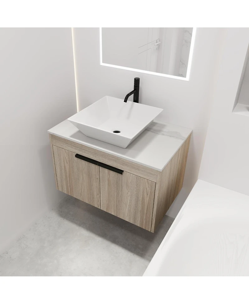 Sillysis Wall Mounted Bathroom Vanity with Ceramic Vessel Sink, Stone Top, Soft Close Doors