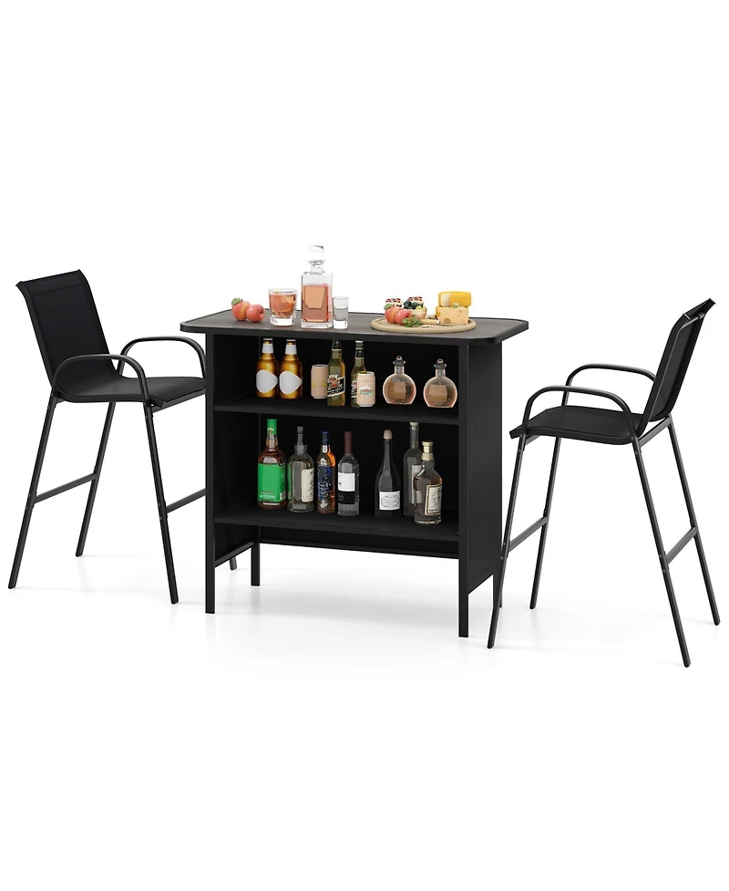Gymax Set Of 3 Outdoor Bar Height Table and Armchairs with Footrest 2-Tier Shelf
