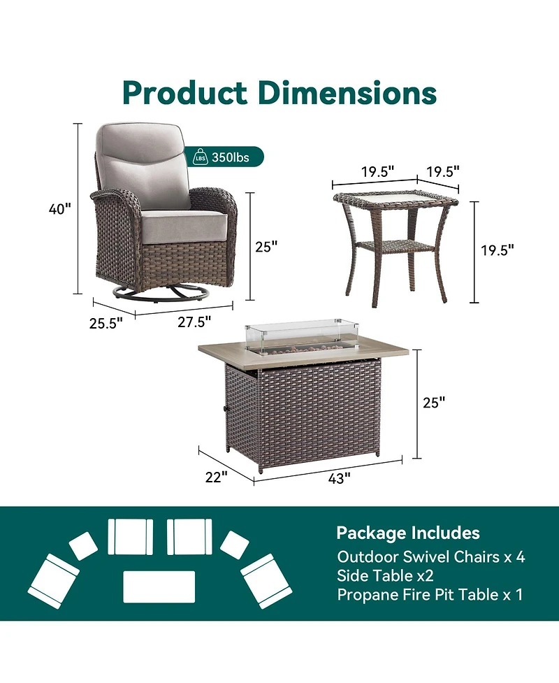 Pocassy Patio Furniture Set with 6-inch Thick Cushion, Outdoor Fire Pit Table, Swivel Chairs,Side Table,7pcs Wicker Conversation