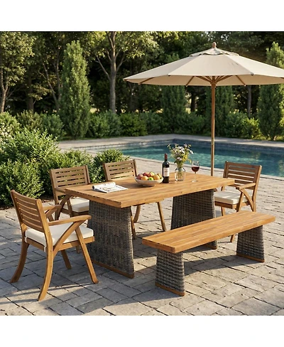 Asagikoiai 6-Piece Acacia Wood Outdoor Dining Set with Handwoven Rattan Legs