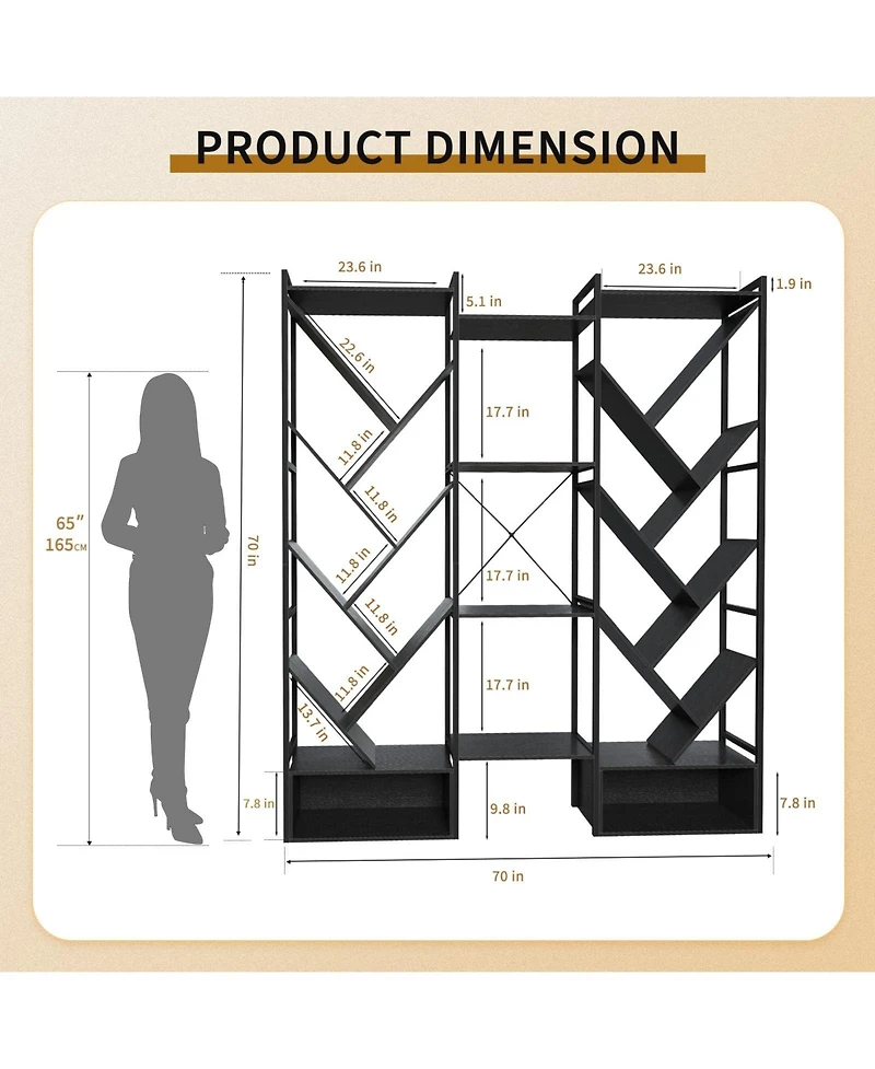 homfan Tree-Shaped 3-Tier Wide Bookshelf, Industrial Steel Frame 20 Open Shelf Storage Rack with Adjustable Feet, Home Office Display Organizer