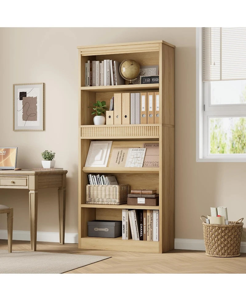 homfan 71-Inch 5-Tier Farmhouse Bookcase with Double Fluted Detailing, Wooden Base Structure for Office, Library and Living Room Storage