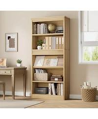 homfan 71-Inch 5-Tier Farmhouse Bookcase with Double Fluted Detailing, Wooden Base Structure for Office, Library and Living Room Storage