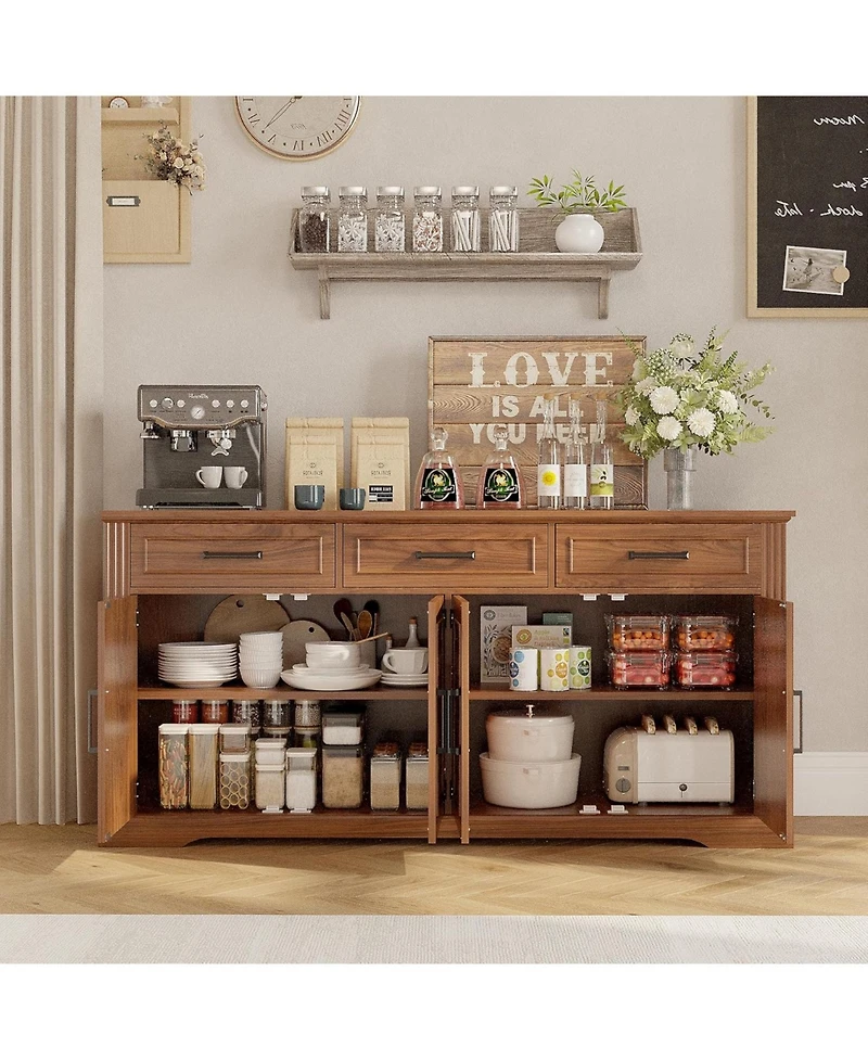 homfan 66" Modern Farmhouse Sideboard Buffet Cabinet with 3 Drawers, 4 Doors and Adjustable Shelves, Coffee Bar Storage Credenza