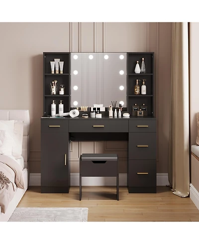 homfan Vanity Desk with Led Lighted Mirror, 10 Led Lights, 5 Metal Sliding Drawers, 3 Color Brightness Adjustable, 6 Open Shelves for Girls Women