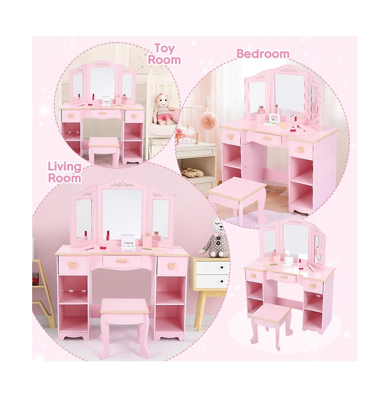 homfan Vanity Table and Chair Set with Tri-Fold Mirror – Wooden Princess Makeup Desk with 3 Drawers and Open Storage Shelves – Room Organization