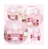homfan Vanity Table and Chair Set with Tri-Fold Mirror – Wooden Princess Makeup Desk with 3 Drawers and Open Storage Shelves – Room Organization