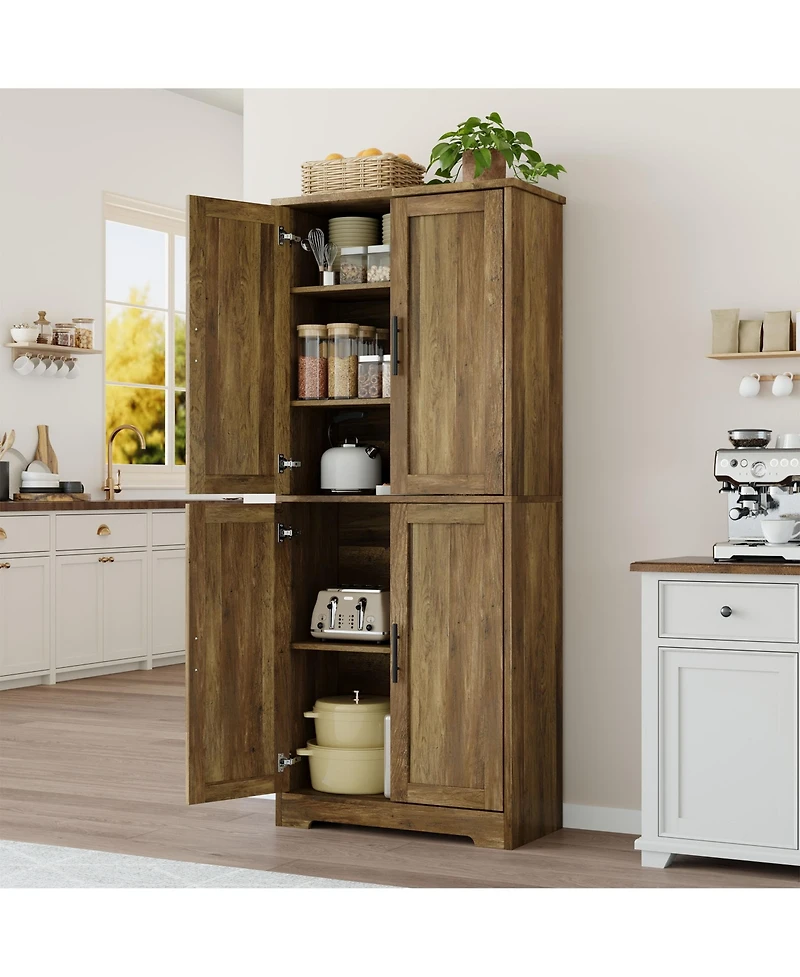 homfan Farmhouse Kitchen Pantry Cabinet, Tall Storage Cupboard with 4 Barn Doors, Adjustable Shelves for Kitchen, Dining Room, Living Room
