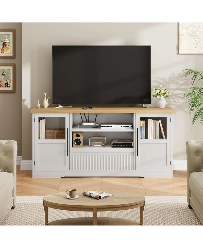 gaomon Farmhouse Tv Stand for TVs, Wave-Pattern Console with Glass Cabinets and Open Shelves